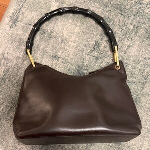 Vintage Gucci Brown Leather Handbag with Black Lacquer Bamboo Handle